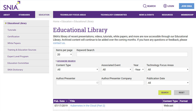 SNIA Educational Library and Online Dictionary